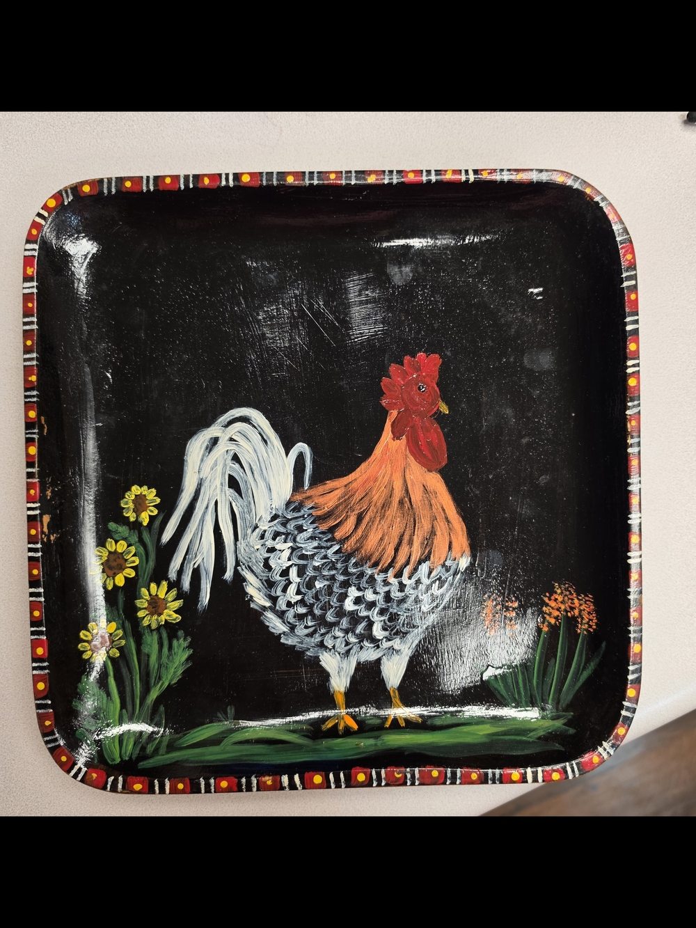 Hand-Painted Rooster Decorative Serving Tray - Black and Multicolor